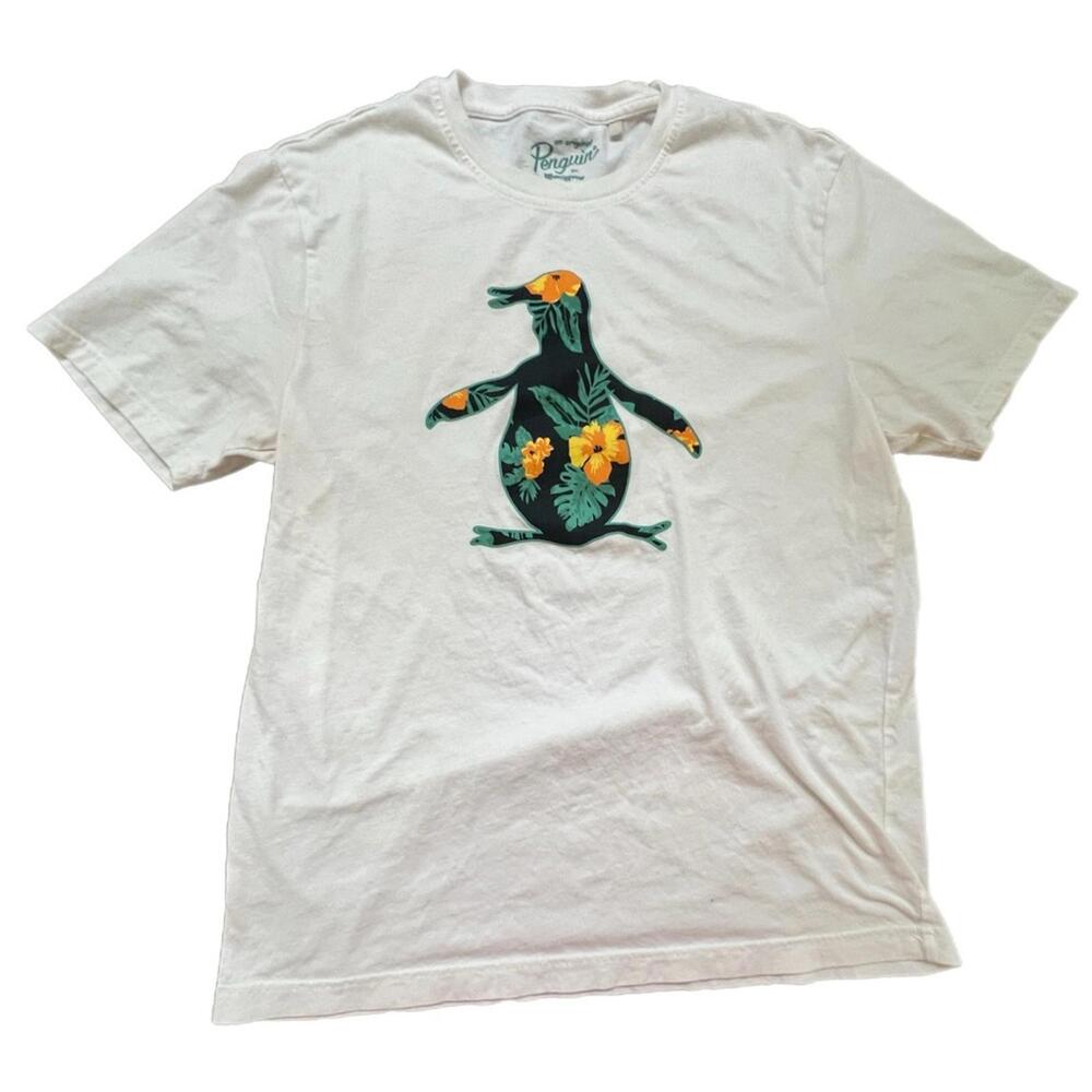 Original Penguin White‎ Tee with Floral Penguin Design - L
